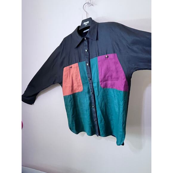 VTG Ole Cassidy Blouse   Black Color-block linen Shirt Sz14 Button Front  NWOT - Picture 2 of 7